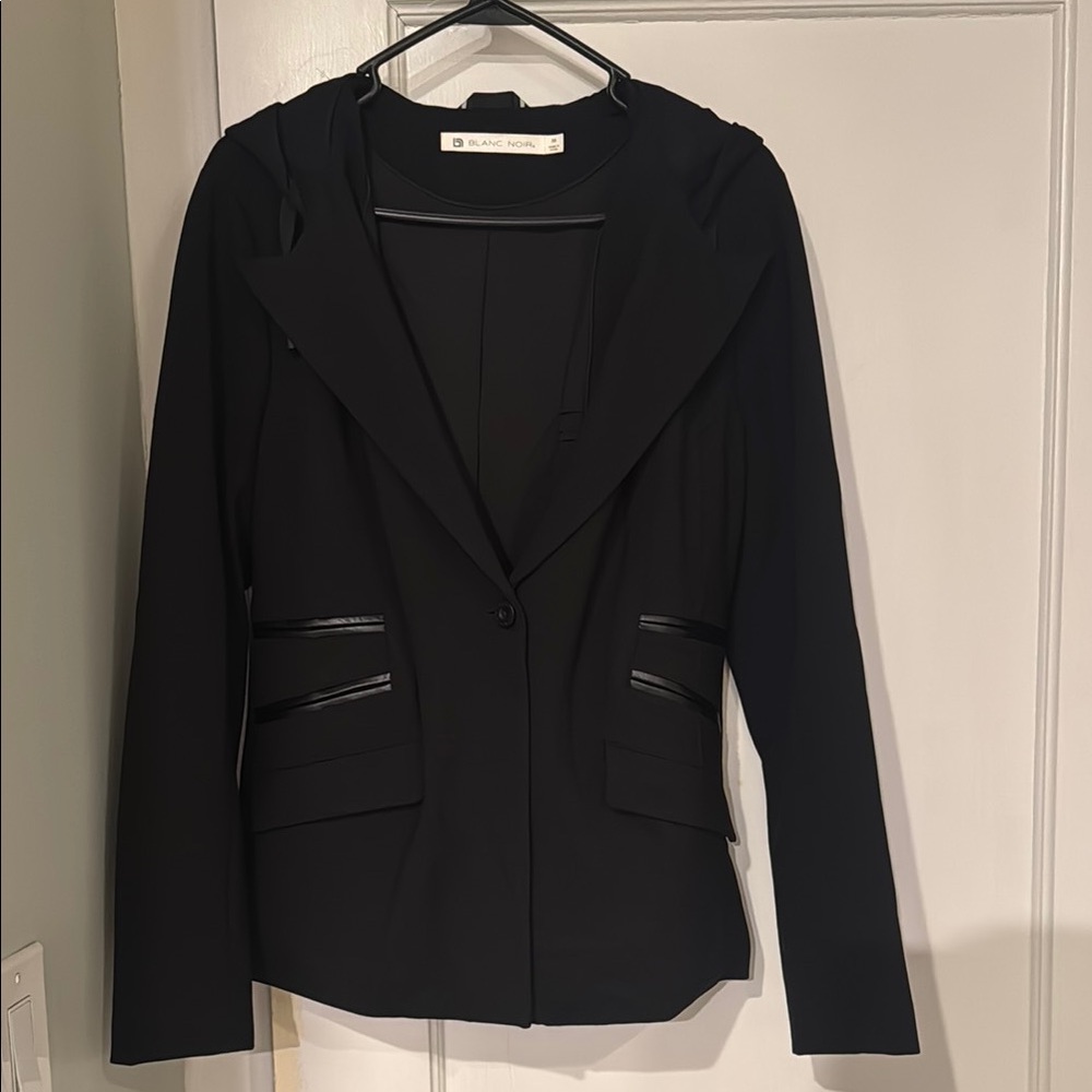 Blanc Noir Black Women's Hooded Blazer with Leather Accents Medium